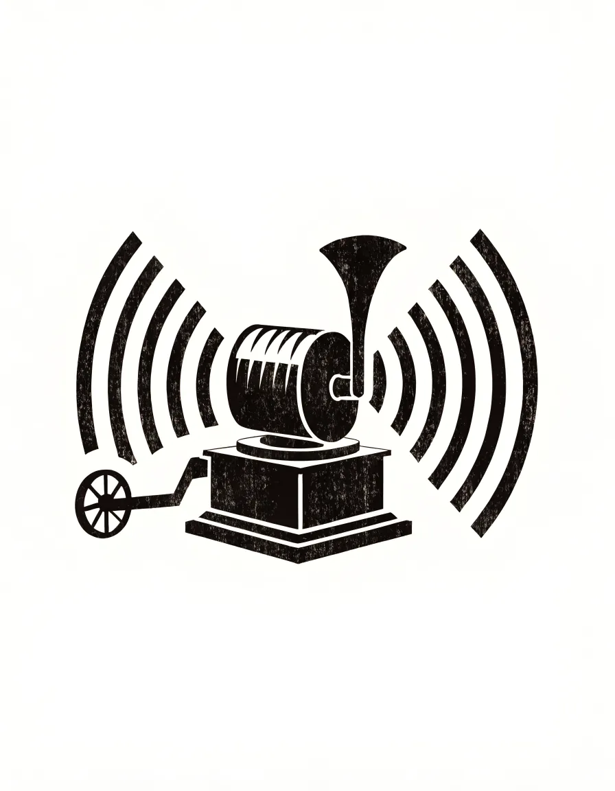 Risograph illustration of an Edison cylinder phonograph with hand crank and small horn.