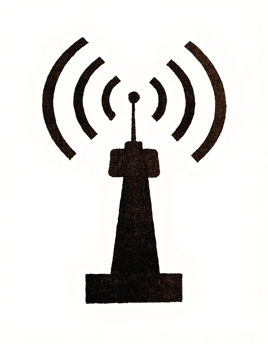 Risograph illustration of a cathedral-style tube radio receiving waves from a transmission tower.