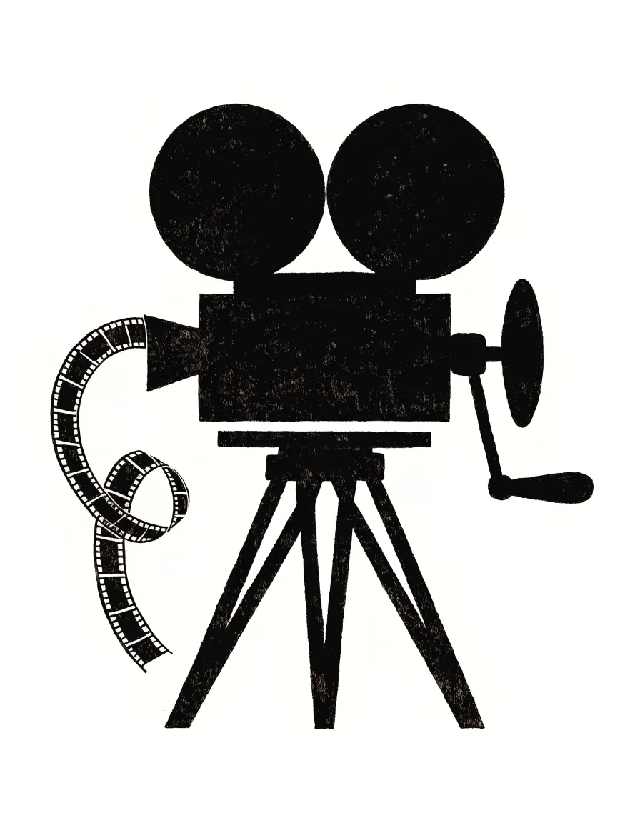 Risograph illustration of a hand-cranked movie camera on a tripod with film curling out.