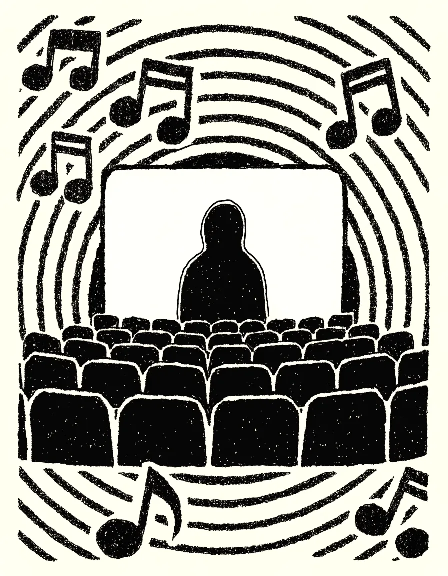 Risograph illustration of a glowing cinema screen over rows of theater seats, musical notes bursting out.