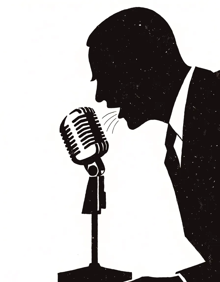Risograph illustration of a crooner in a suit singing close into a large ribbon microphone.