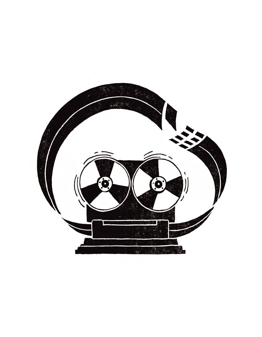 Risograph illustration of a reel-to-reel tape machine with a loop of tape being cut by a razor blade.