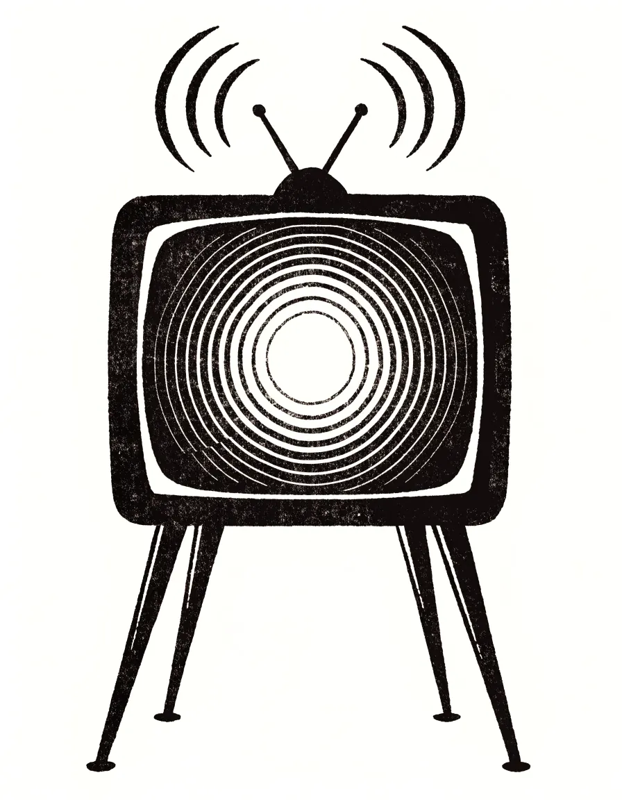 Risograph illustration of a mid-century television with rabbit ears and a glowing test-pattern screen.