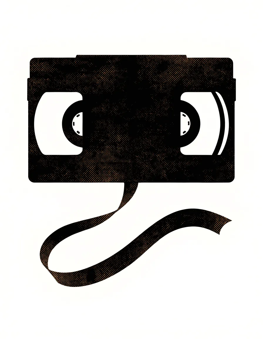 Risograph illustration of a VHS cassette with visible reels and a ribbon of tape looping below.