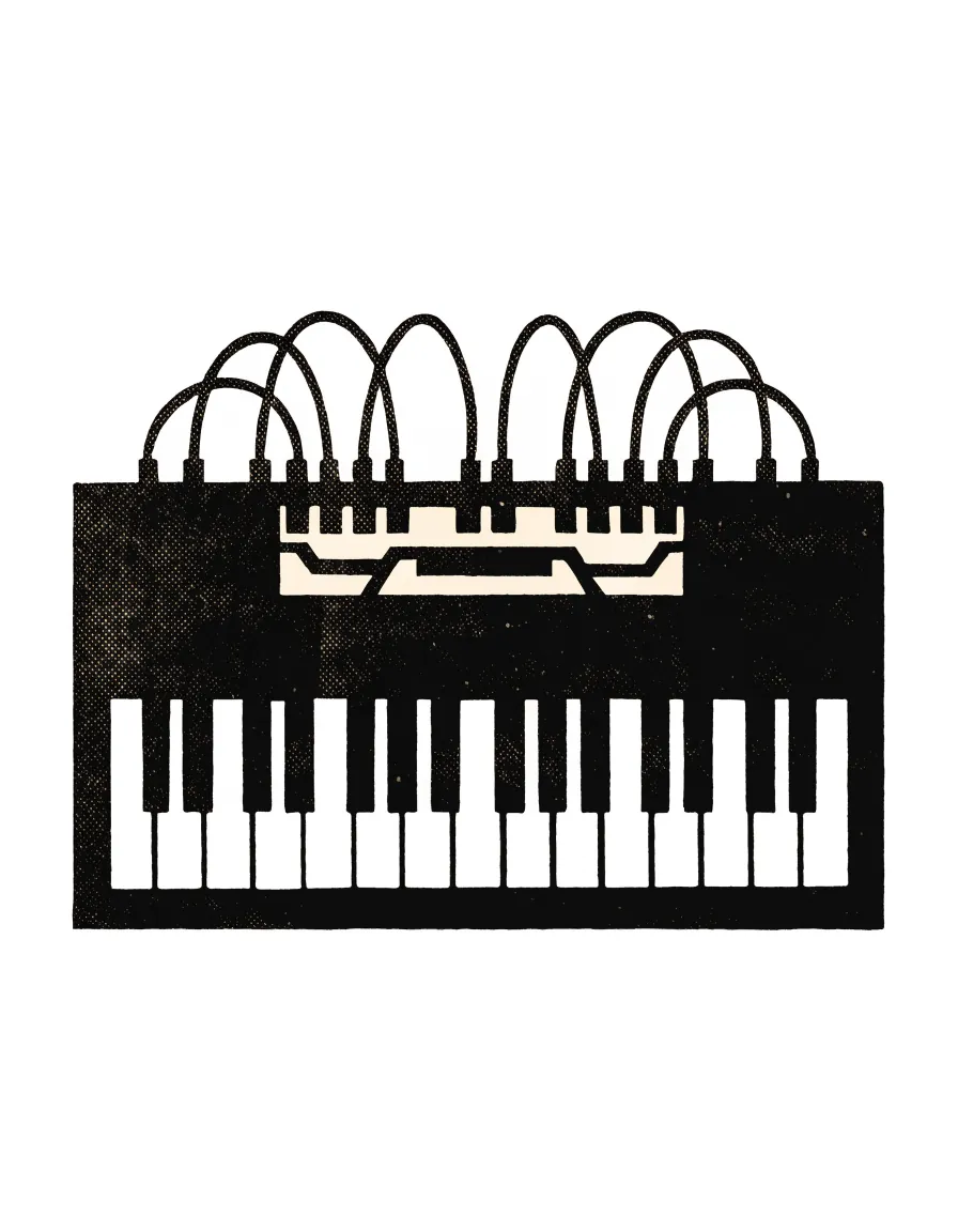 Risograph illustration of an analog keyboard synthesizer with patch cables and waveform shapes.