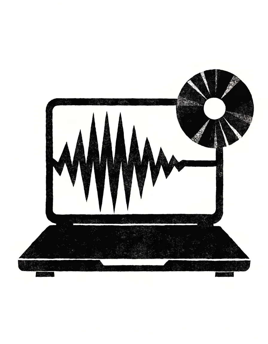 Risograph illustration of a laptop showing a big audio waveform, a compact disc floating beside it.