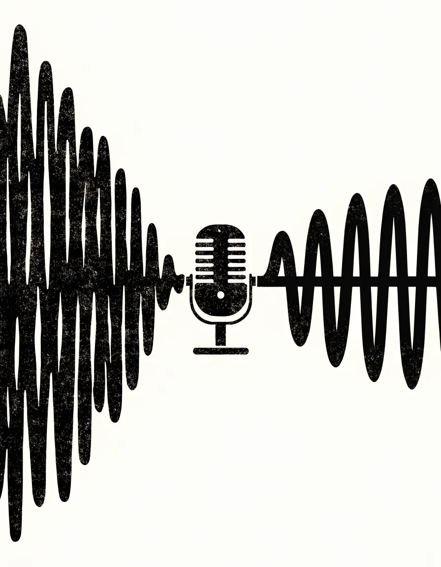 Risograph illustration of a wobbly sound line entering a box and exiting perfectly straight, over a studio microphone.