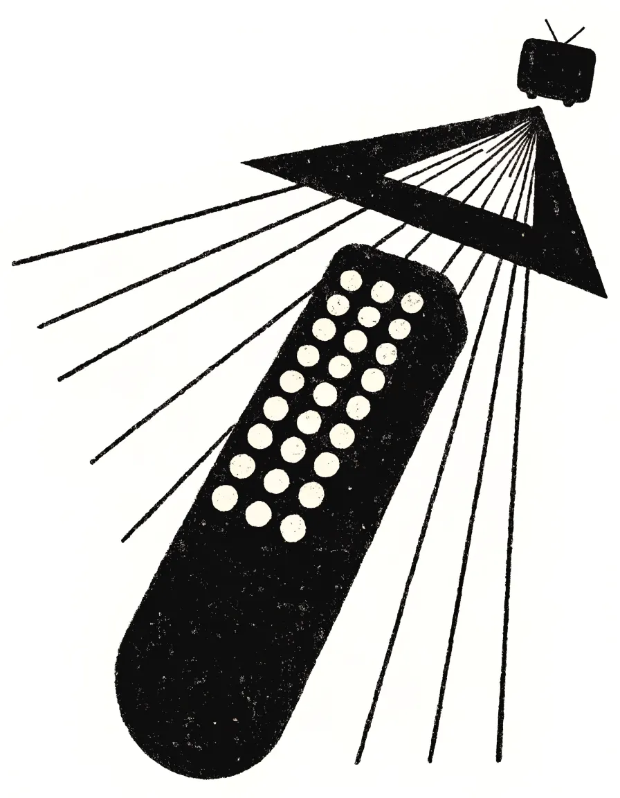 Risograph illustration of an oversized TV remote beaming a fast-forward symbol at a small television.