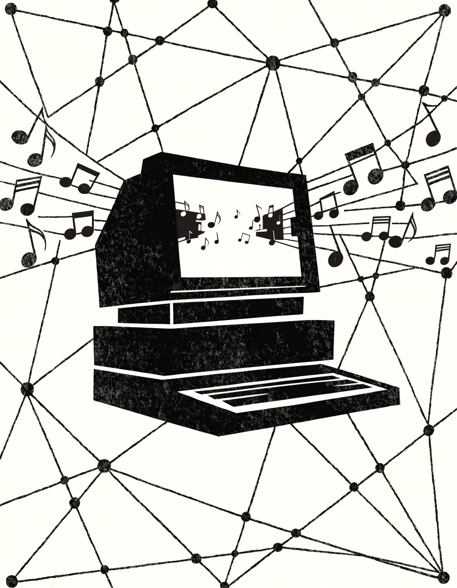 Risograph illustration of a desktop computer streaming musical notes across a web of network nodes.