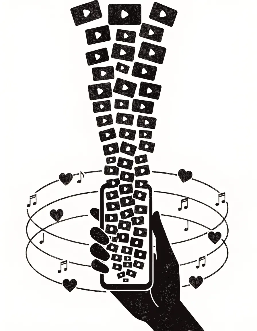 Risograph illustration of a hand holding a smartphone with a stream of video cards flowing out of it.