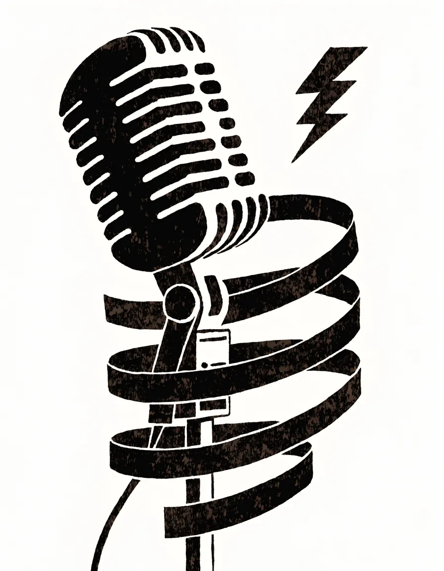 Risograph illustration of a studio microphone wrapped in recording tape with a lightning bolt.