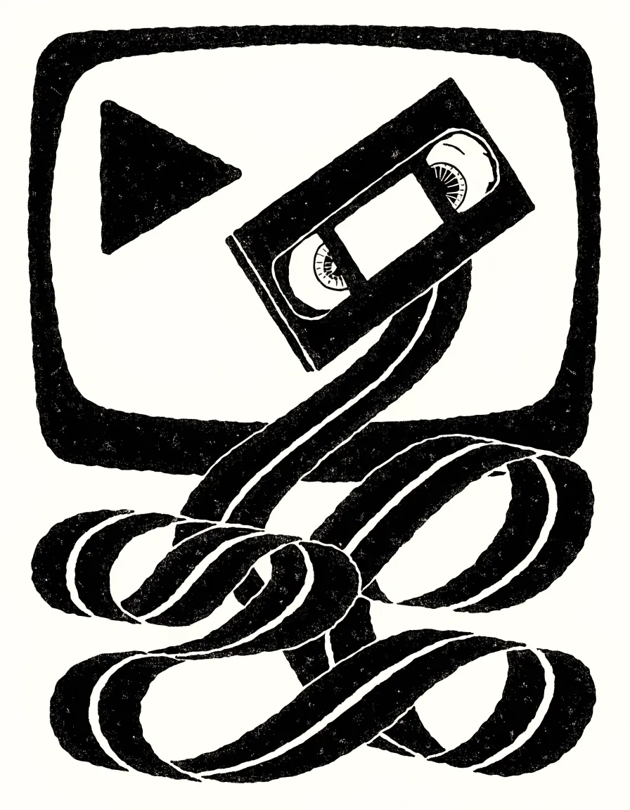 Risograph illustration of a VHS cassette unspooling tape in front of a play-button screen.