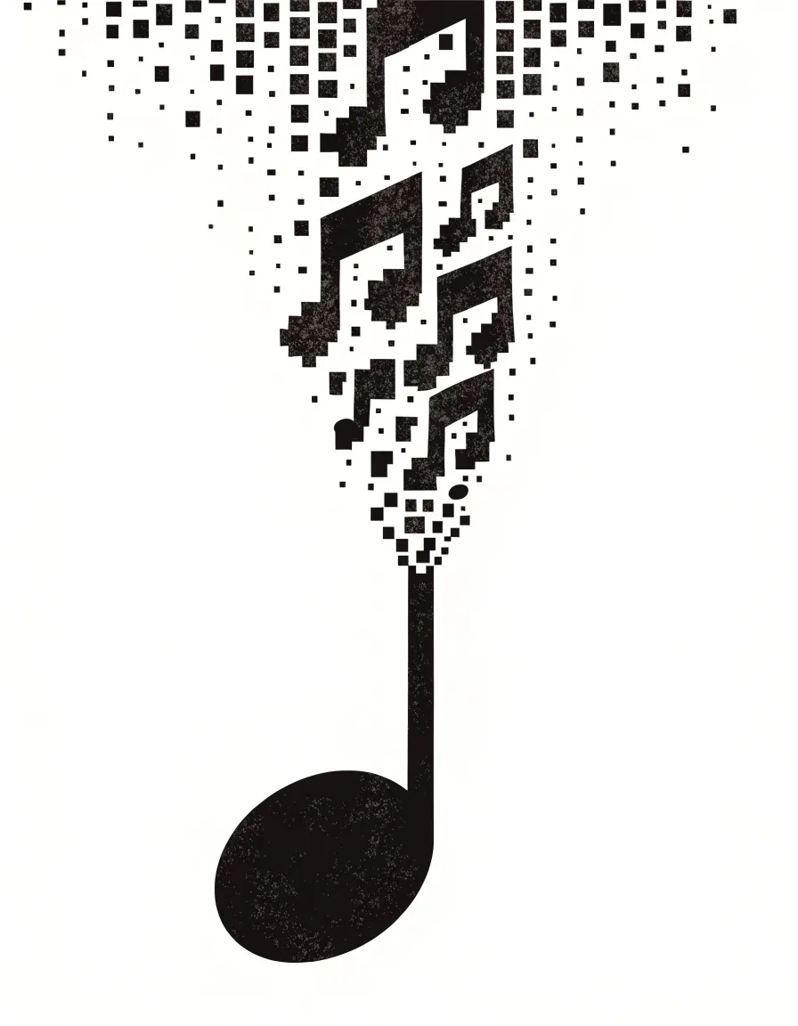 Risograph illustration of piano keys dissolving into pixels streaming toward a compact disc.