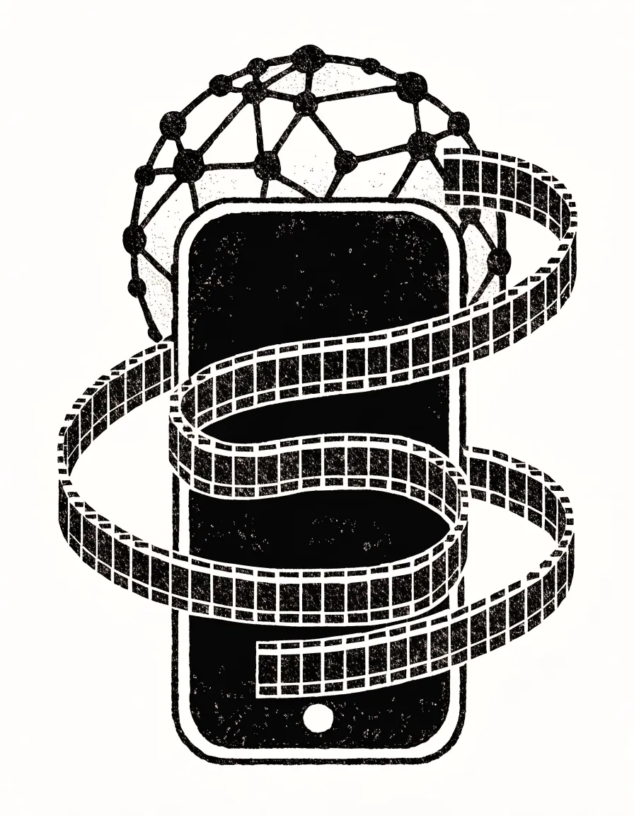 Risograph illustration of a smartphone wrapped in a spiraling filmstrip beneath a globe of network nodes.